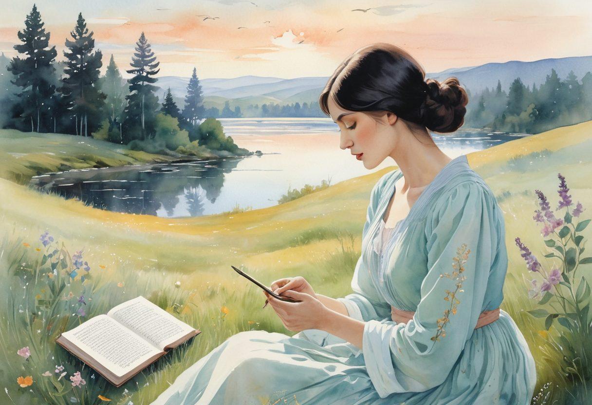 A serene, ethereal landscape with a silhouette of a woman in thought, emanating poetic verses that swirl around her like a gentle breeze. Soft pastels blend into one another, creating a dreamy atmosphere that reflects the elegance of Anna Akhmatova's work. Elements like vintage books, ink pots, and quills scattered on the ground symbolize the modern poetry movement. Incorporate subtle hints of iconic landmarks from Russia in the background to connect with Akhmatova's heritage. watercolor illustration. soft focus. pastel color scheme.