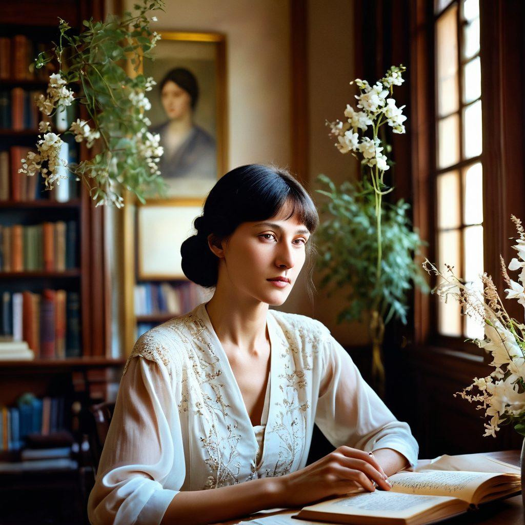 A serene, ethereal library filled with ancient Slavic literature, illuminated by soft golden light. A portrait of Anna Akhmatova gracefully hangs on the wall, surrounded by delicate flowers and ink quills. Shadows of poets and literary figures whisper around her, symbolizing her influence on Slavic culture. Elegant, flowing script of her poetry drifts through the air, adding a sense of motion. nostalgic style. soft pastels.